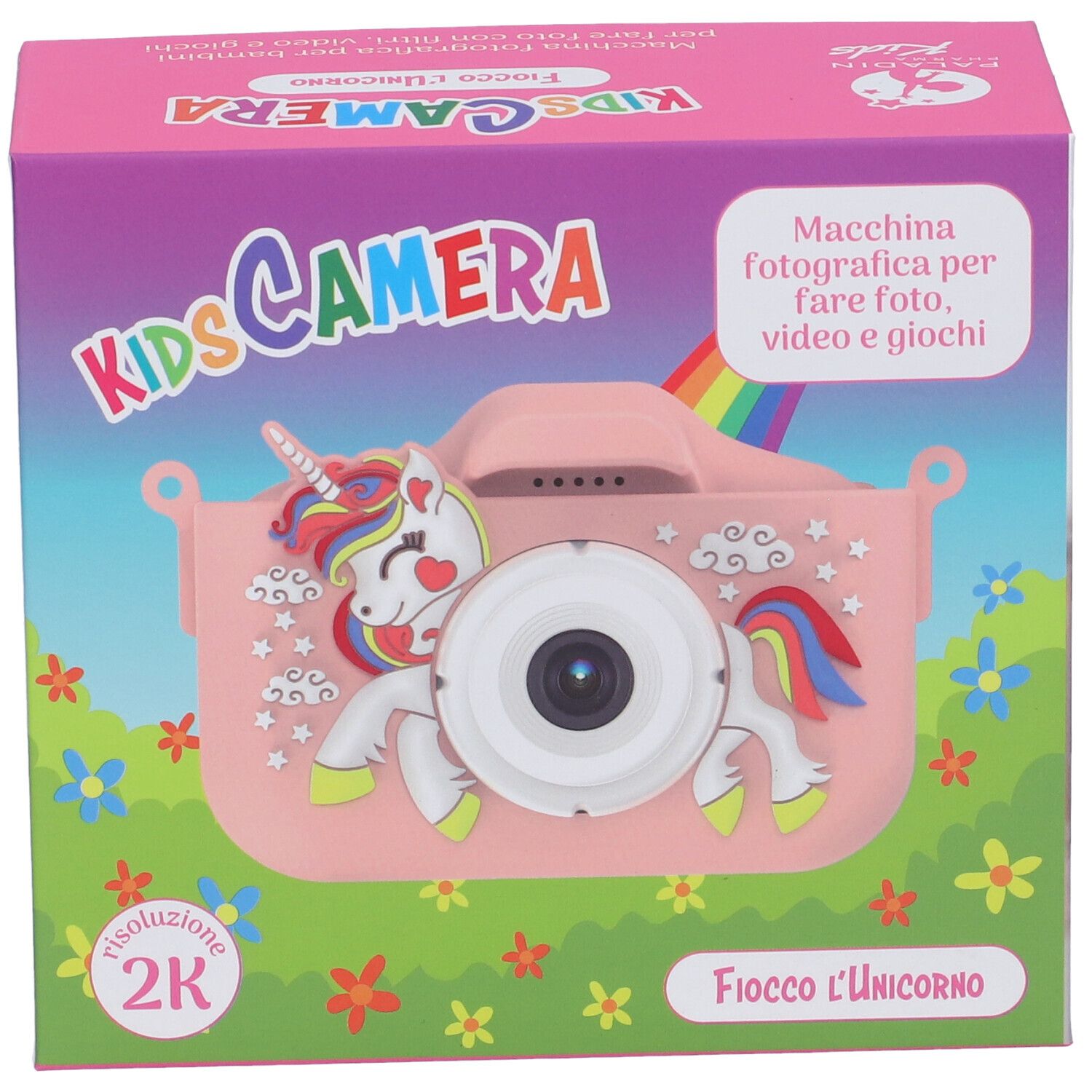 Fotocamera rosa per bambini con unicorno. Scritta: KIDS CAMERA, Fiocco l'Unicorno. Confezione con arcobaleno e fiori.