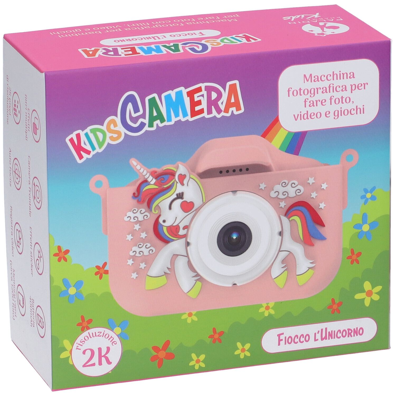 Fotocamera rosa per bambini con unicorno. Scritta: KIDS CAMERA, Fiocco l'Unicorno. Confezione con arcobaleno e fiori.
