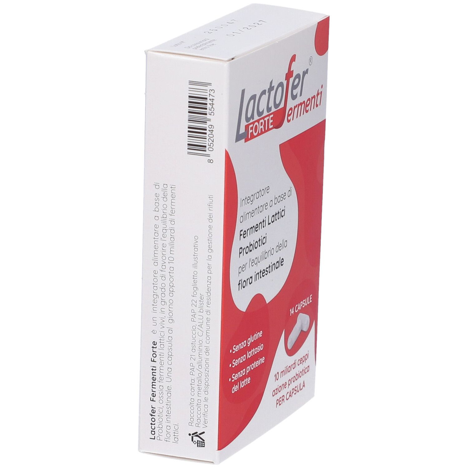 Confezione Lactofer Forte Fermenti, angolata. Scatola rossa e bianca con informazioni e codice a barre.