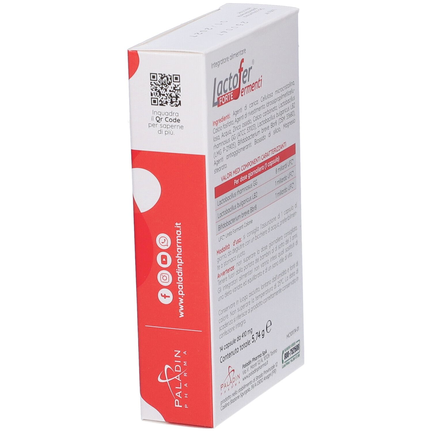Confezione Lactofer Forte Fermenti, angolata. Contiene codice QR e informazioni produttore.