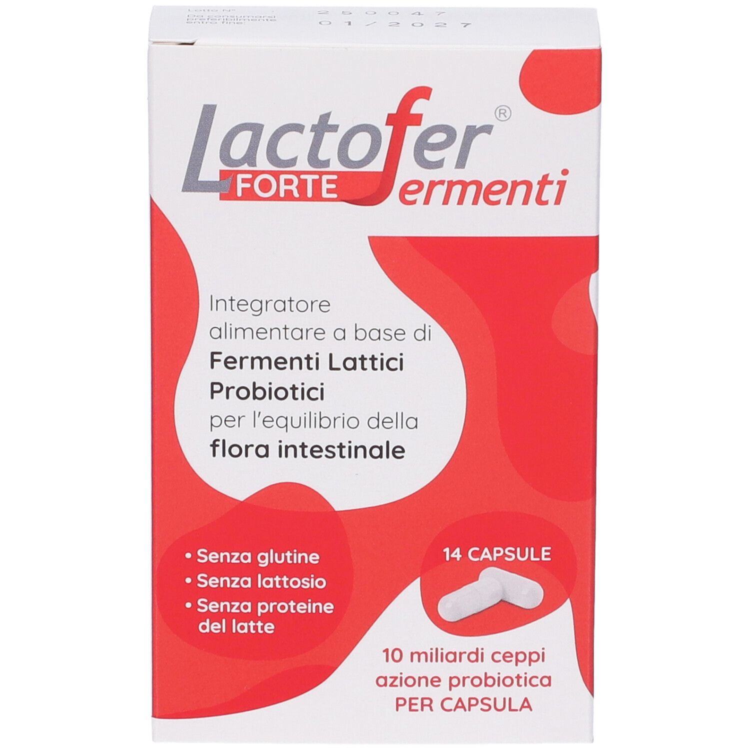 Confezione di Lactofer Forte Fermenti. Scatola rossa e bianca con informazioni e 14 capsule.