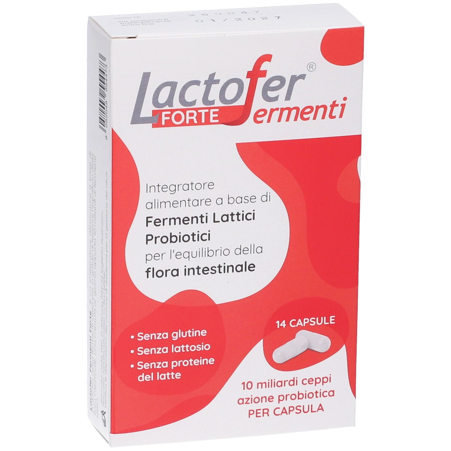 Confezione di Lactofer Forte Fermenti. Scatola rossa e bianca con informazioni e 14 capsule.