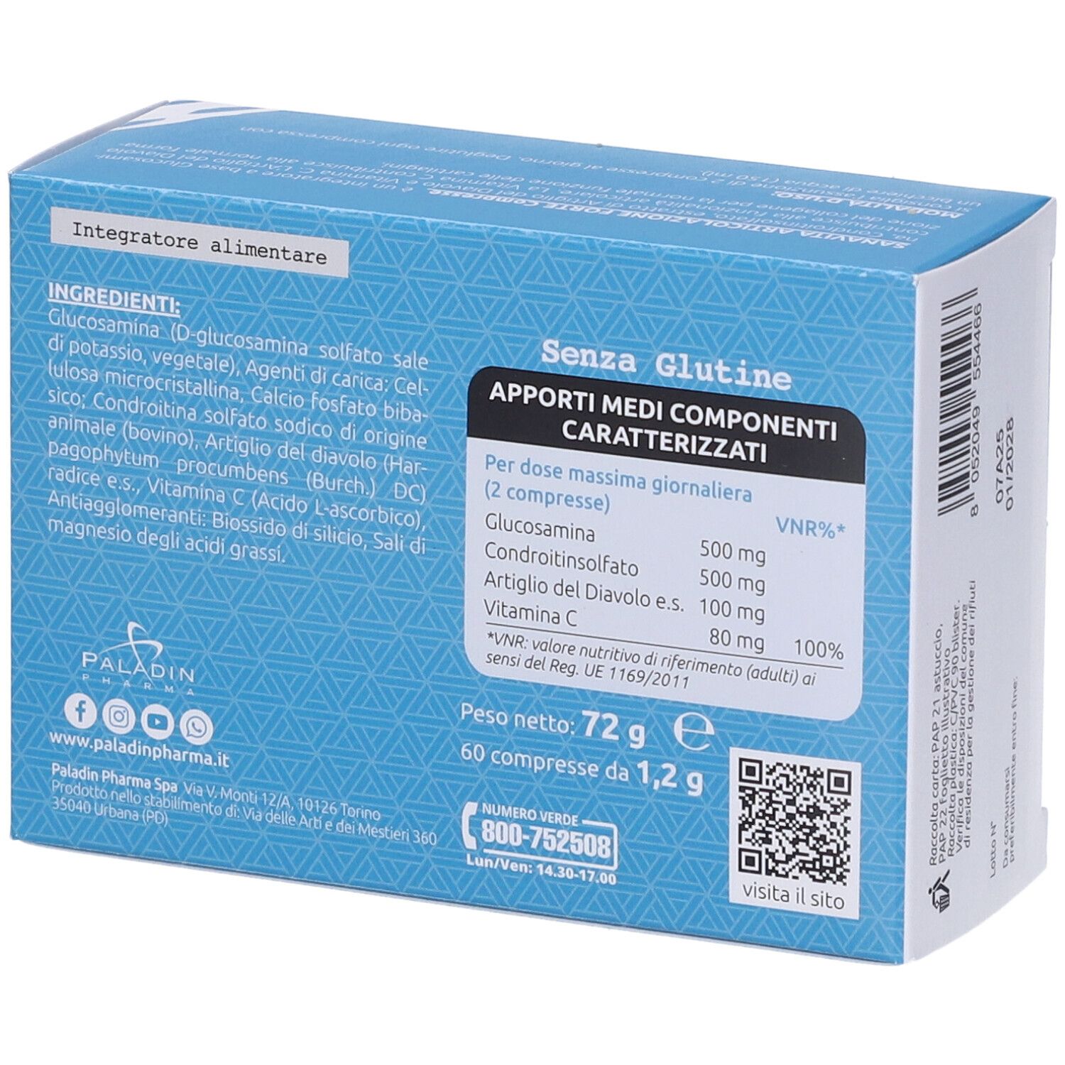 Retro scatola blu SanaVita ArticolAZIONE FORTE. Ingredienti e informazioni nutrizionali. Senza glutine.