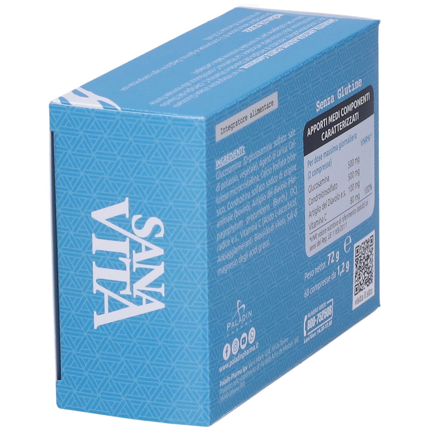 Scatola blu SanaVita ArticolAZIONE FORTE. Ingredienti e informazioni nutrizionali. Senza glutine.