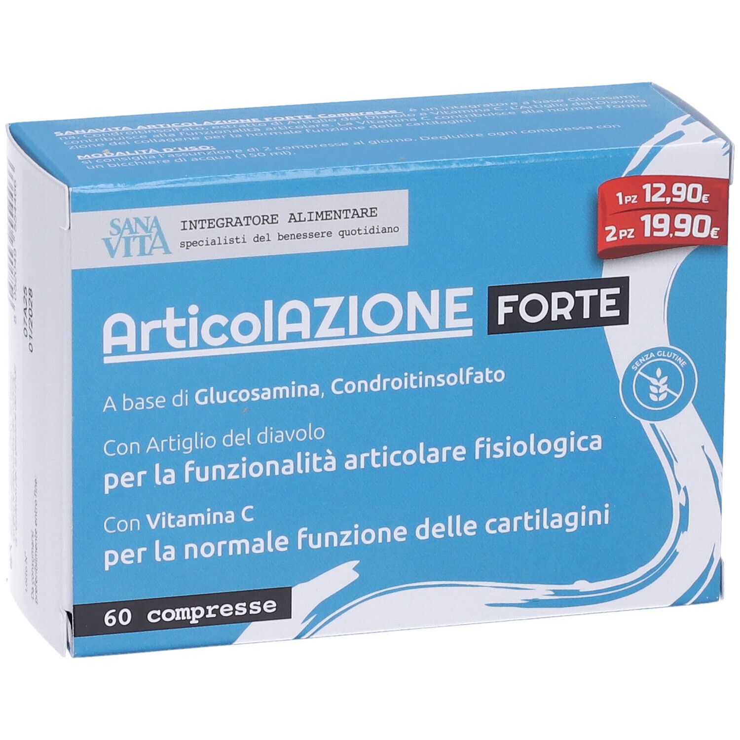 Scatola blu SanaVita ArticolAZIONE FORTE. Contiene 60 compresse. Etichetta prezzo. Senza glutine.