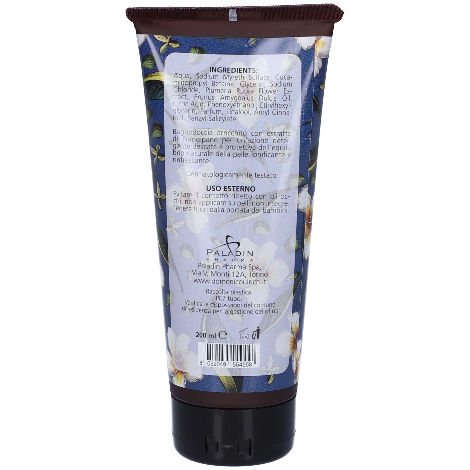 Retro del tubo. Ingredienti e istruzioni per l'uso. Marchio: Paladin Pharma. Contenuto: 200 ml.