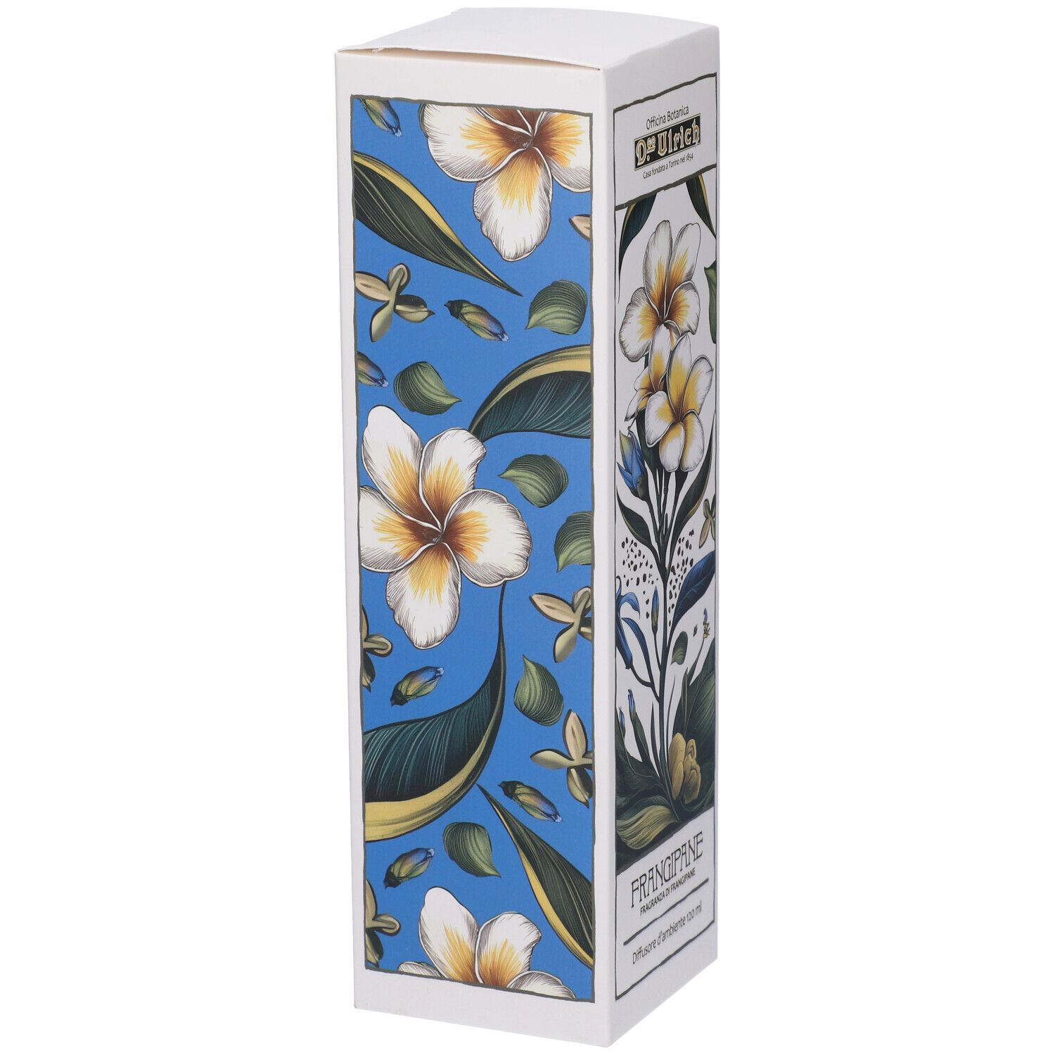 Scatola con motivo floreale blu e fiori gialli. Marchio: Dr. Ulrich. Nome del prodotto: Frangipane. Parte superiore bianca.