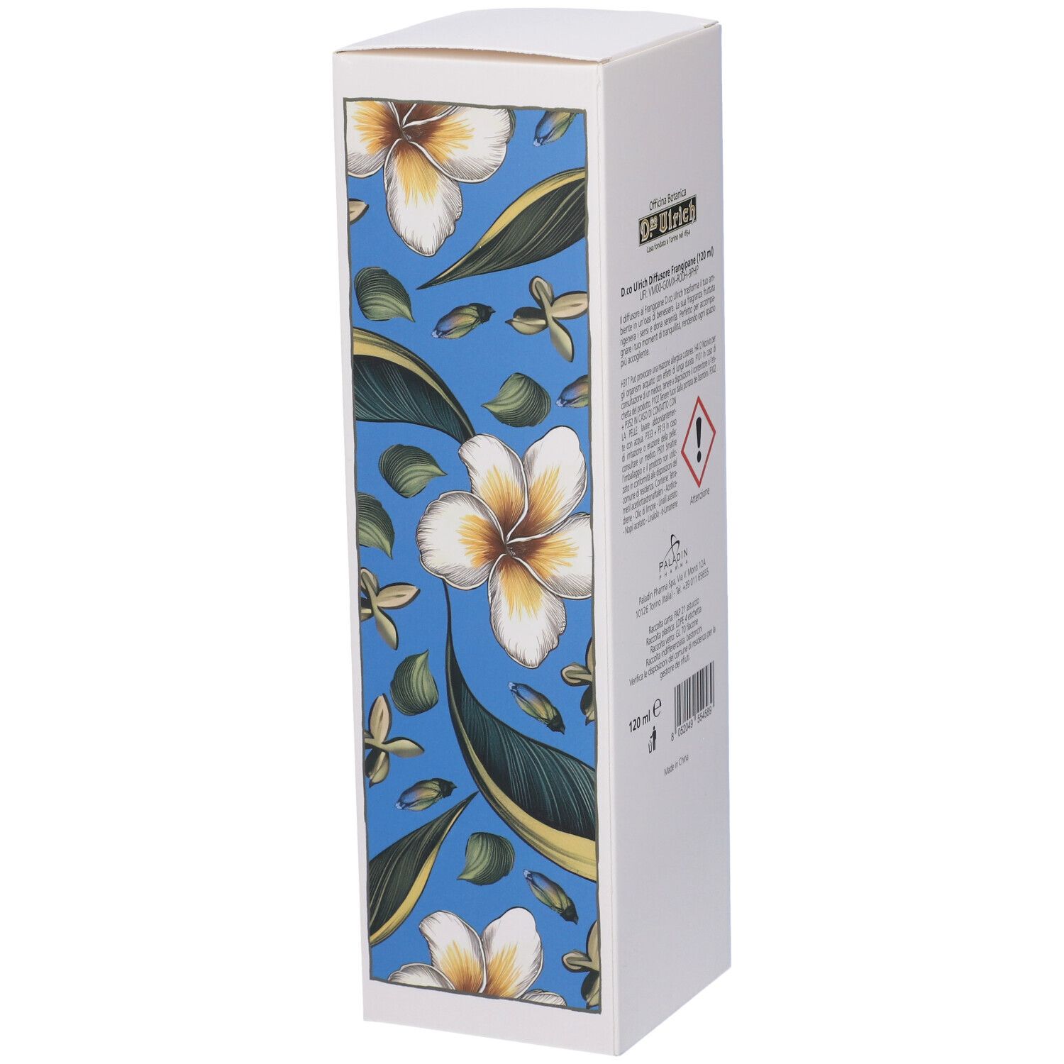 Scatola con motivo floreale blu e fiori gialli. Marchio: Dr. Ulrich. Testo e avvertenze. 120 ml.