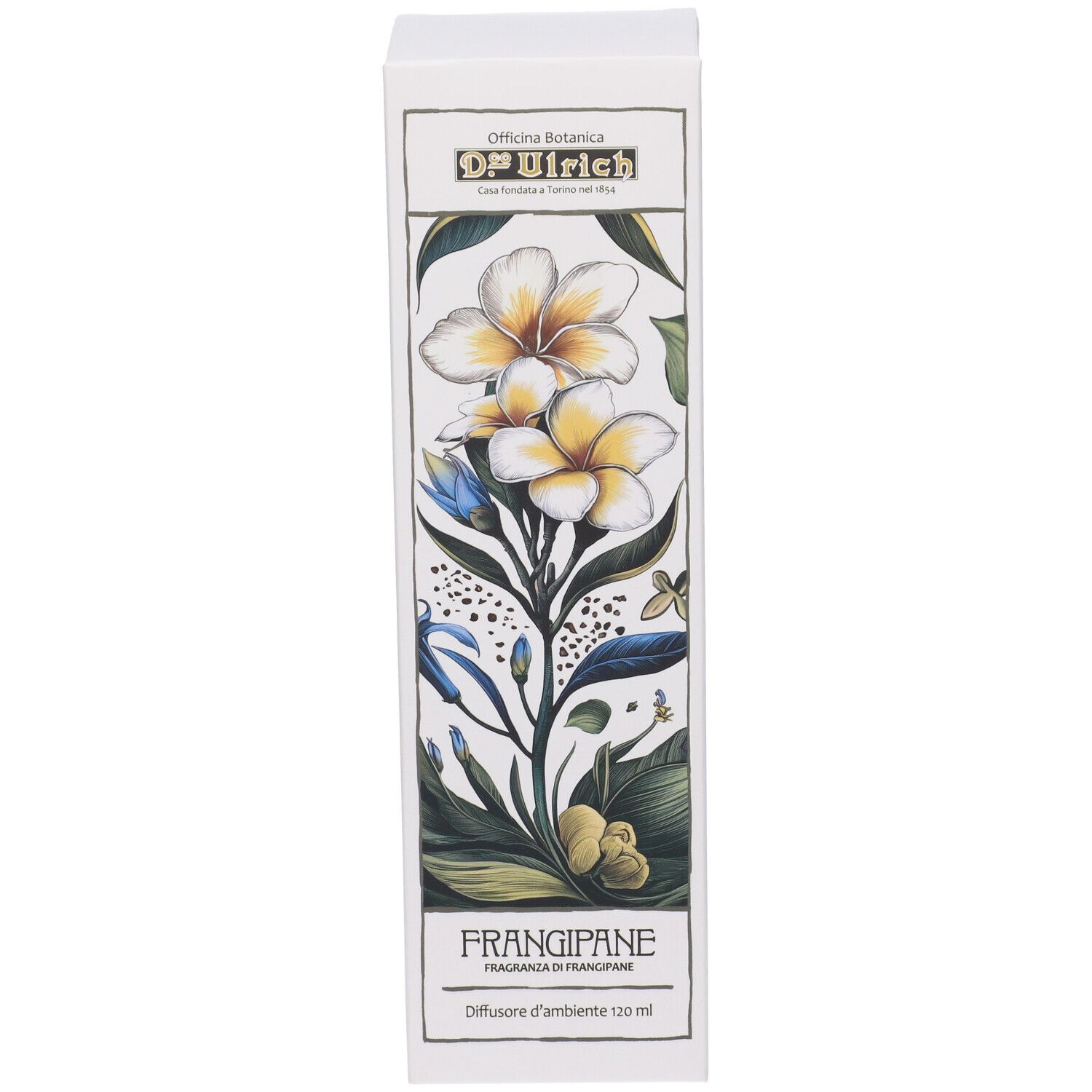 Scatola bianca con motivo floreale e nome del prodotto Frangipane. Marchio: Dr. Ulrich. Fiori blu e gialli su sfondo bianco.