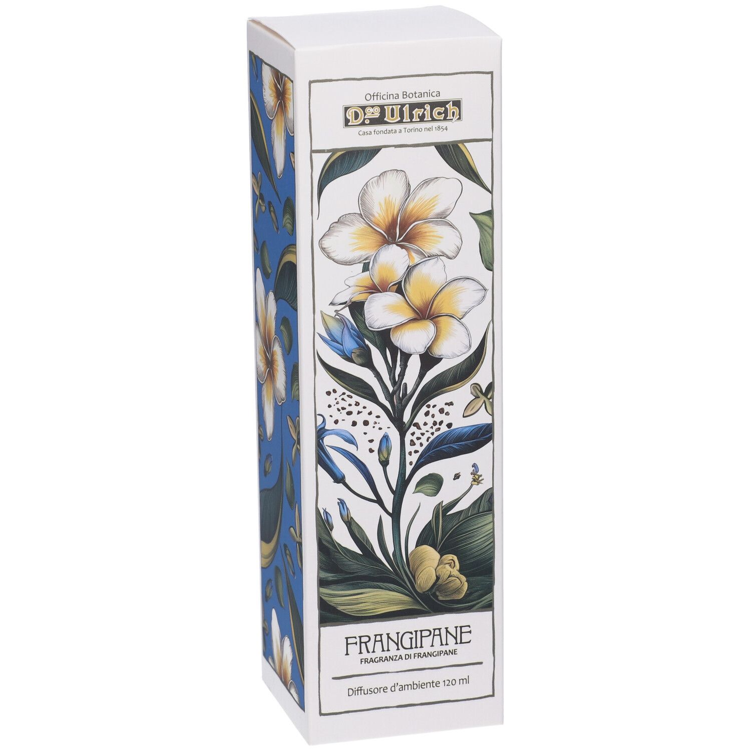 Scatola bianca con motivo floreale e nome del prodotto Frangipane. Marchio: Dr. Ulrich. Fiori blu e gialli su sfondo bianco.