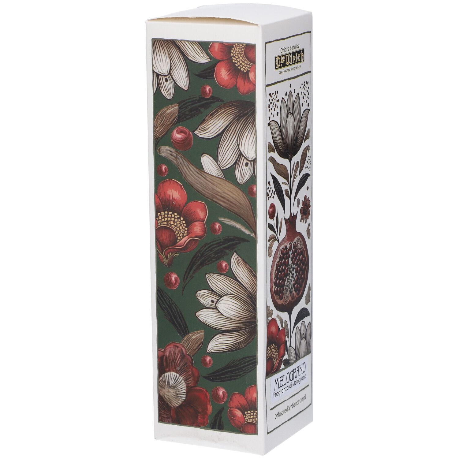 Confezione allungata con motivo floreale verde e rosso. Testo: OP Ulrich, Melograno, Diffusore d'ambiente.
