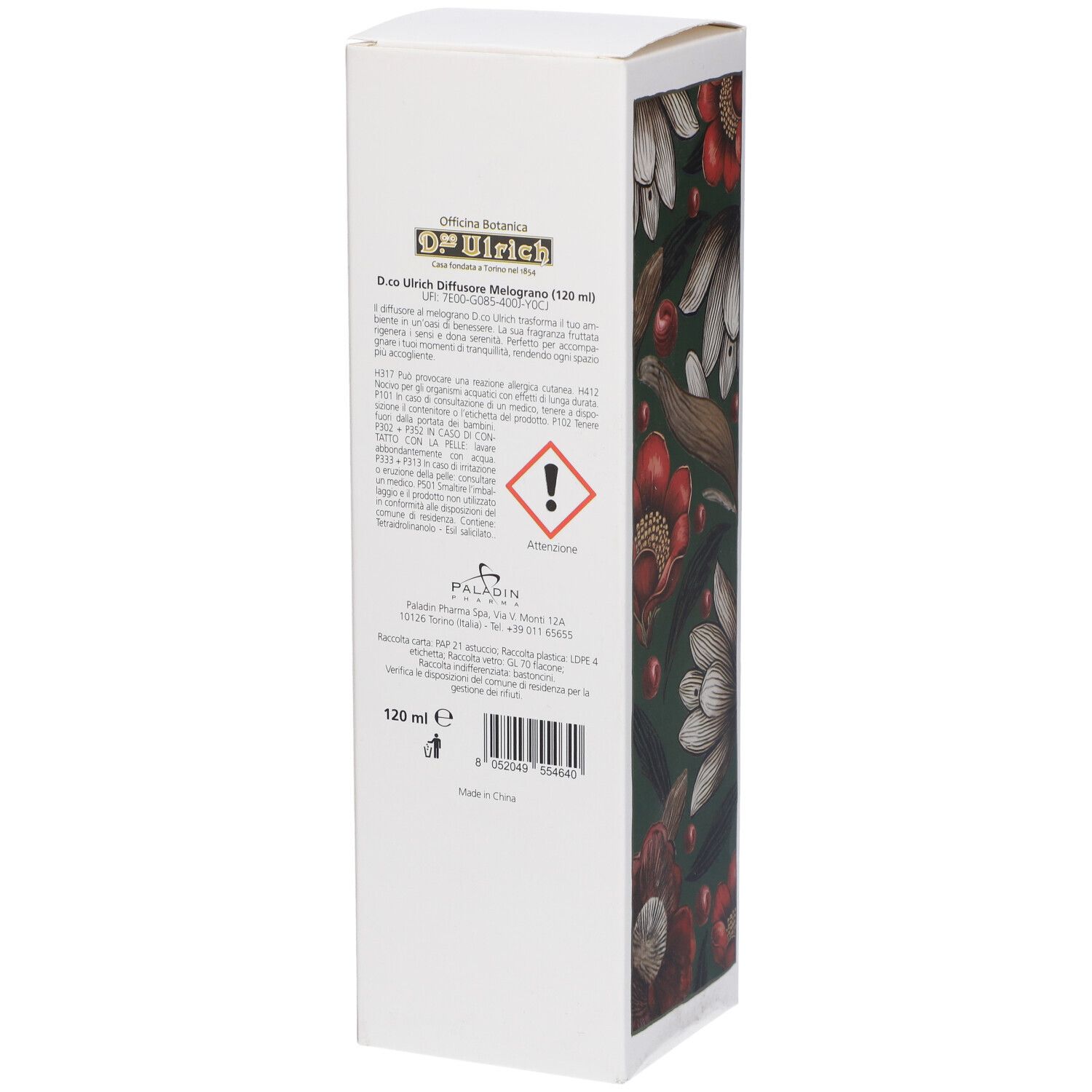 Retro della confezione con testo, simbolo di avvertimento e codice a barre. Testo: OP Ulrich, Diffusore Melograno, 120 ml.