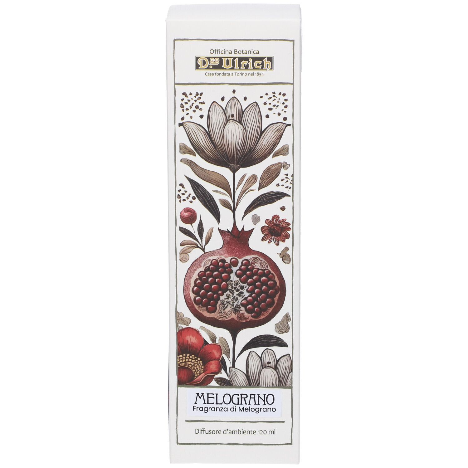 Confezione bianca allungata con design floreale e melograno. Testo: OP Ulrich, Melograno, Diffusore d'ambiente 120 ml.
