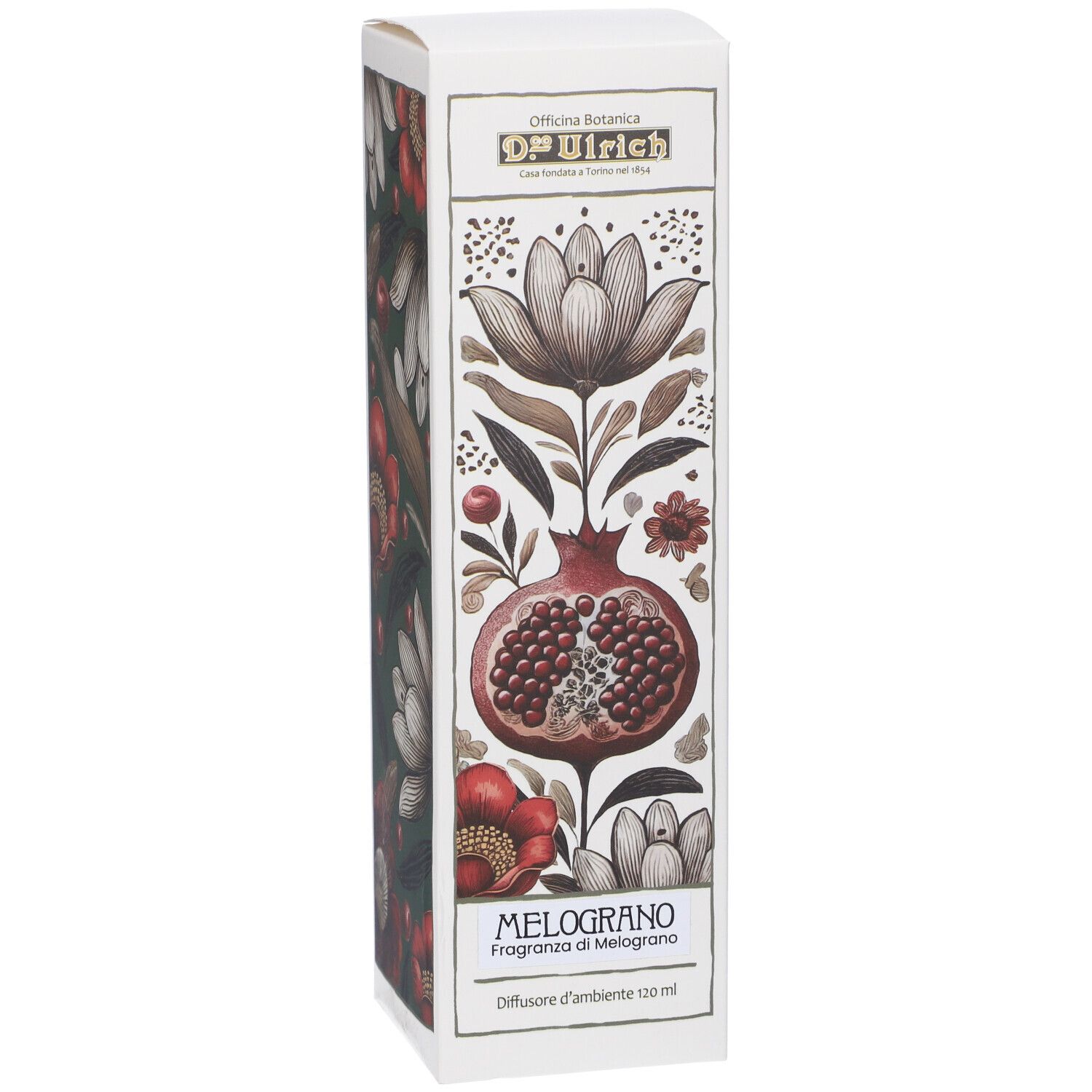 Confezione bianca allungata con design floreale e melograno. Testo: OP Ulrich, Melograno, Diffusore d'ambiente 120 ml.