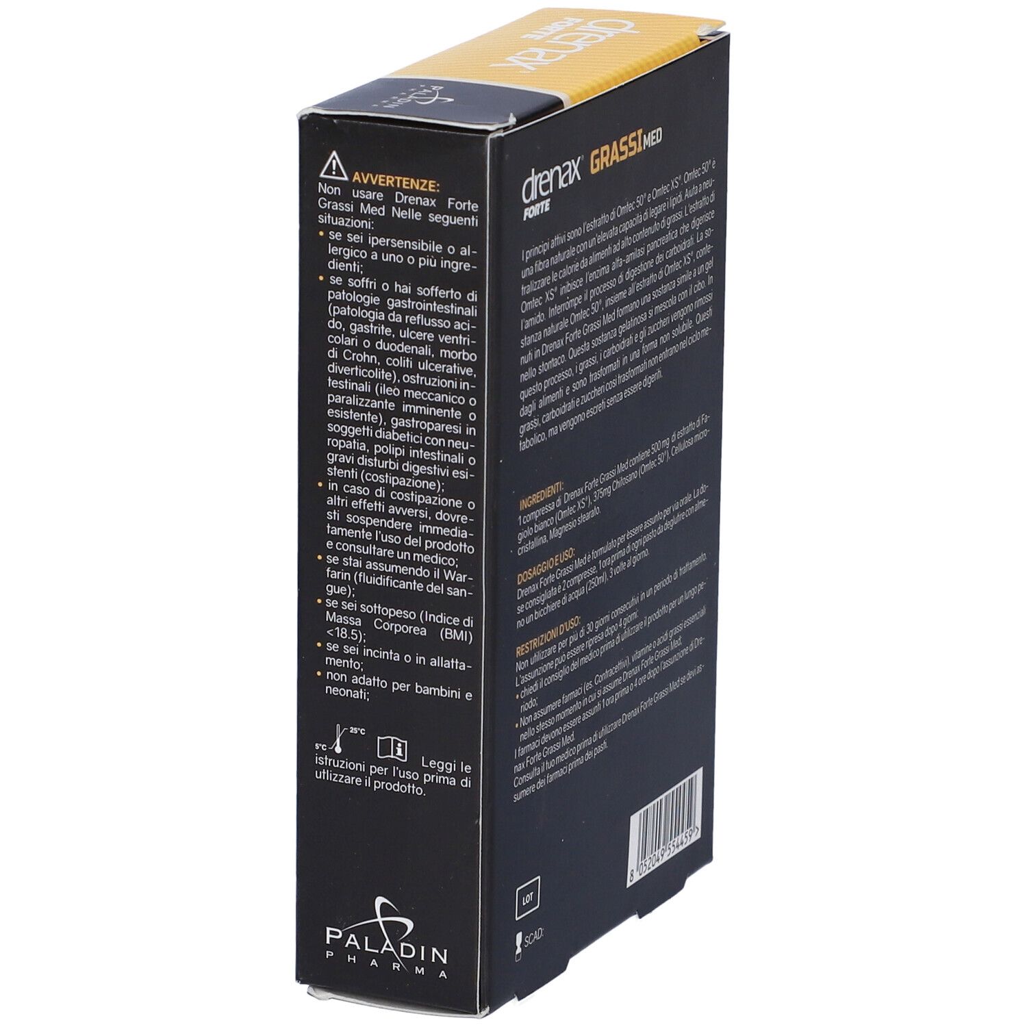 Scatola con testo: "drenax forte GRASSI MED". Avvertenze e precauzioni.