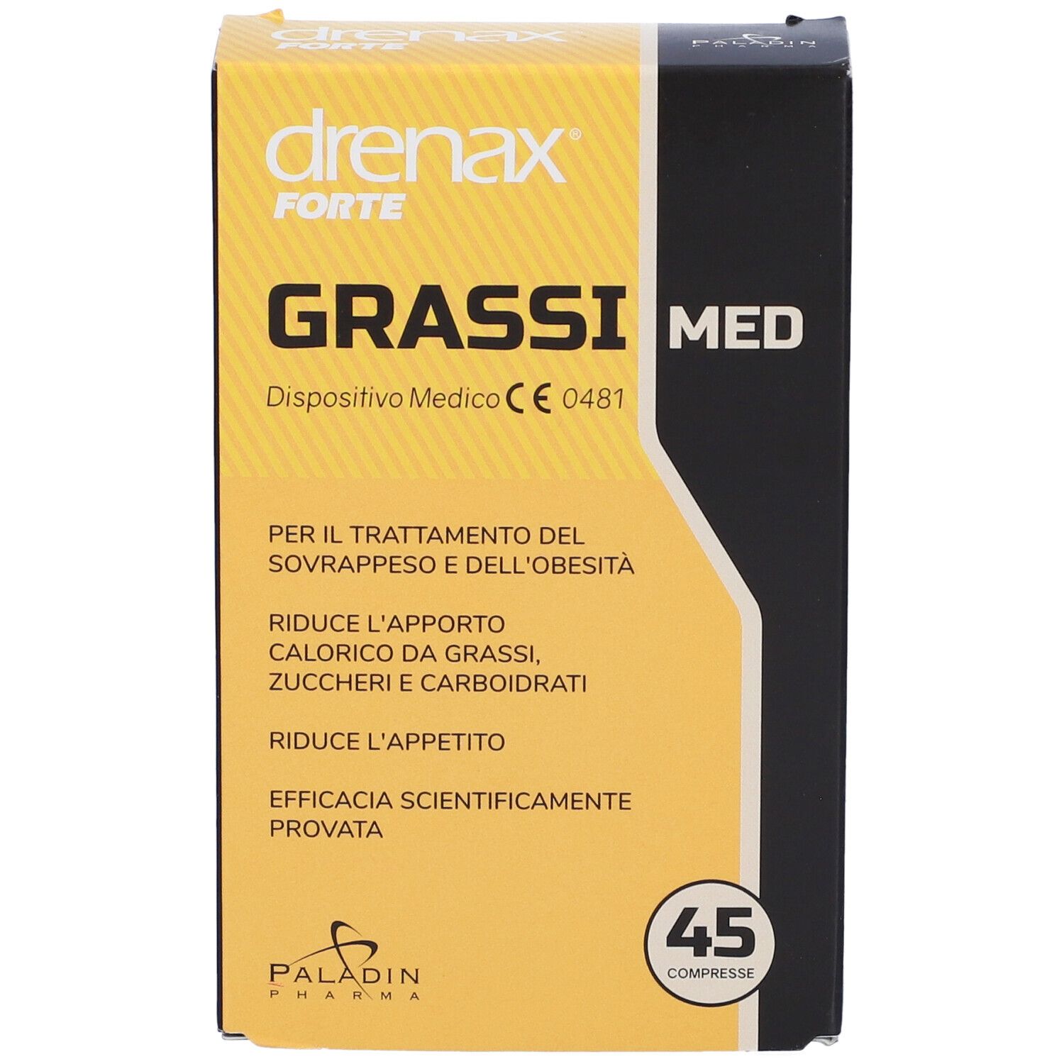 Scatola gialla "drenax forte GRASSI MED". Contiene 45 compresse. Dispositivo medico.
