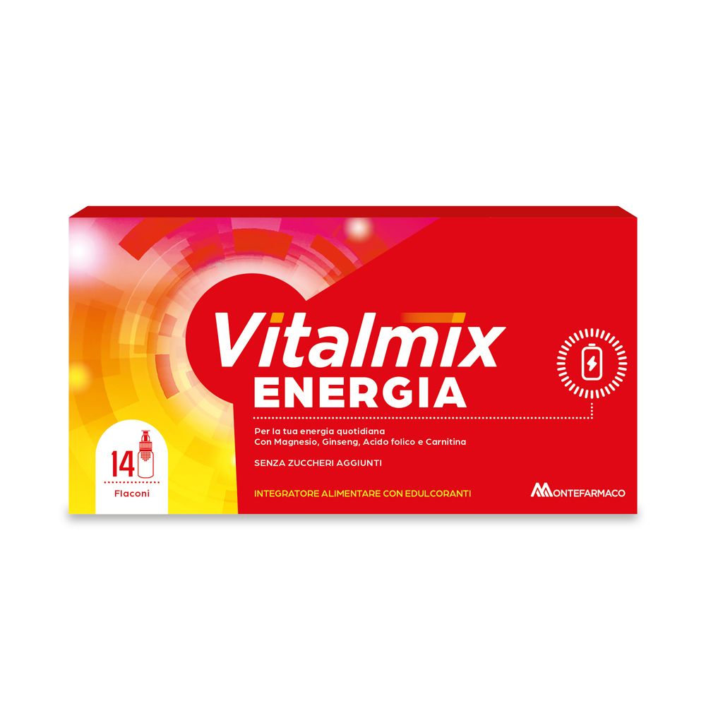 Scatola rossa. Scritto: Vitalmix Energia. Con simbolo batteria. Contiene 14 flaconcini.