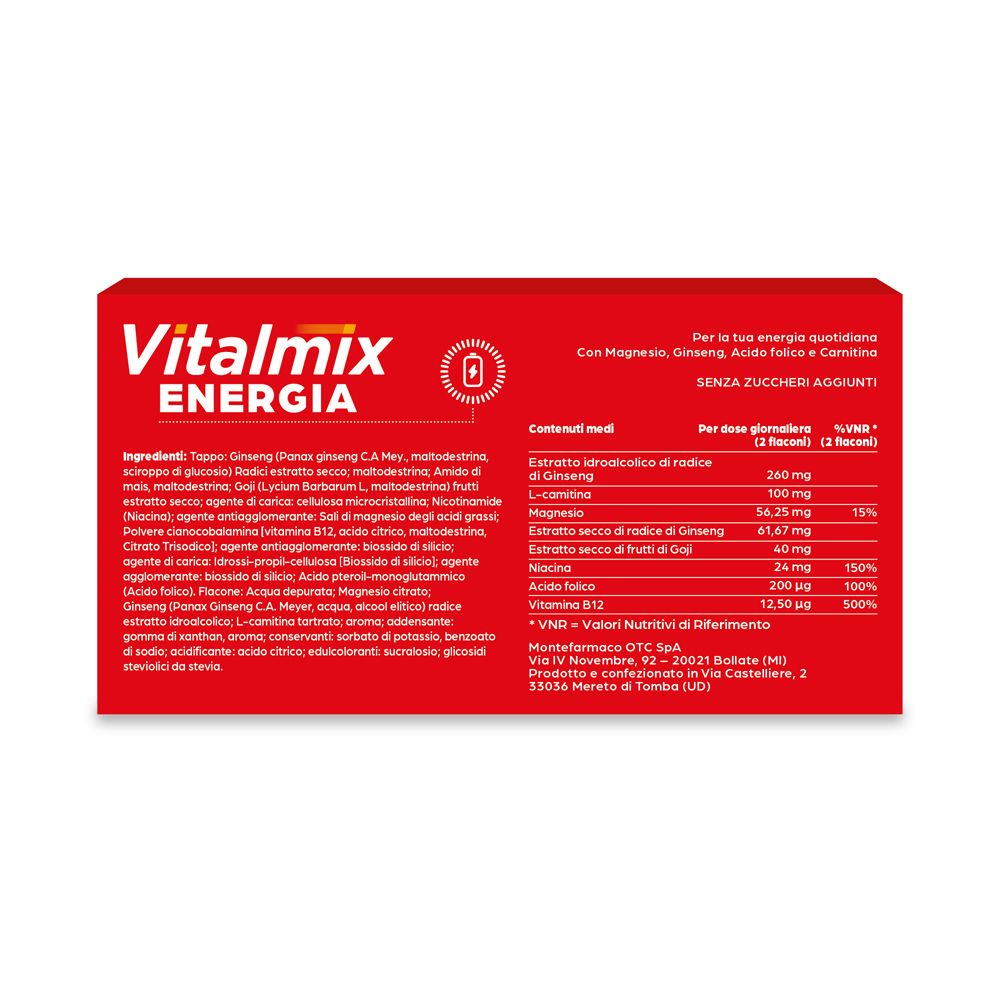 Scatola rossa. Scritto: Vitalmix Energia. Con elenco ingredienti e tabella nutrizionale.