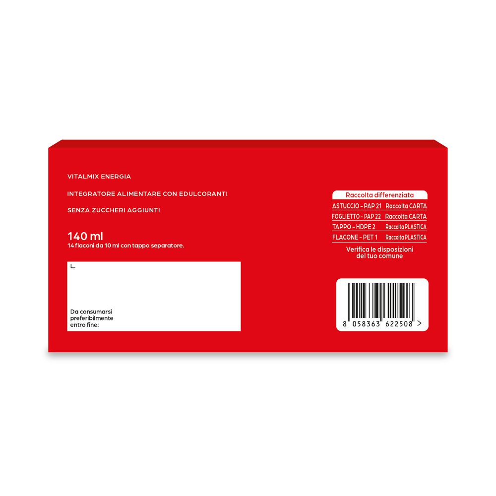 Scatola rossa. Scritto: Vitalmix Energia. Con informazioni sugli ingredienti e la scadenza.