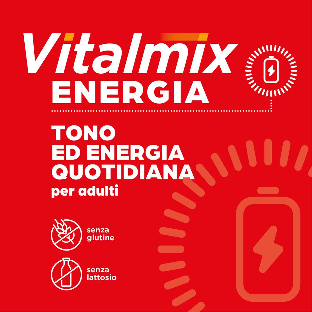 Scatola rossa. Scritto: Vitalmix Energia. Con simbolo batteria. Senza glutine e lattosio.