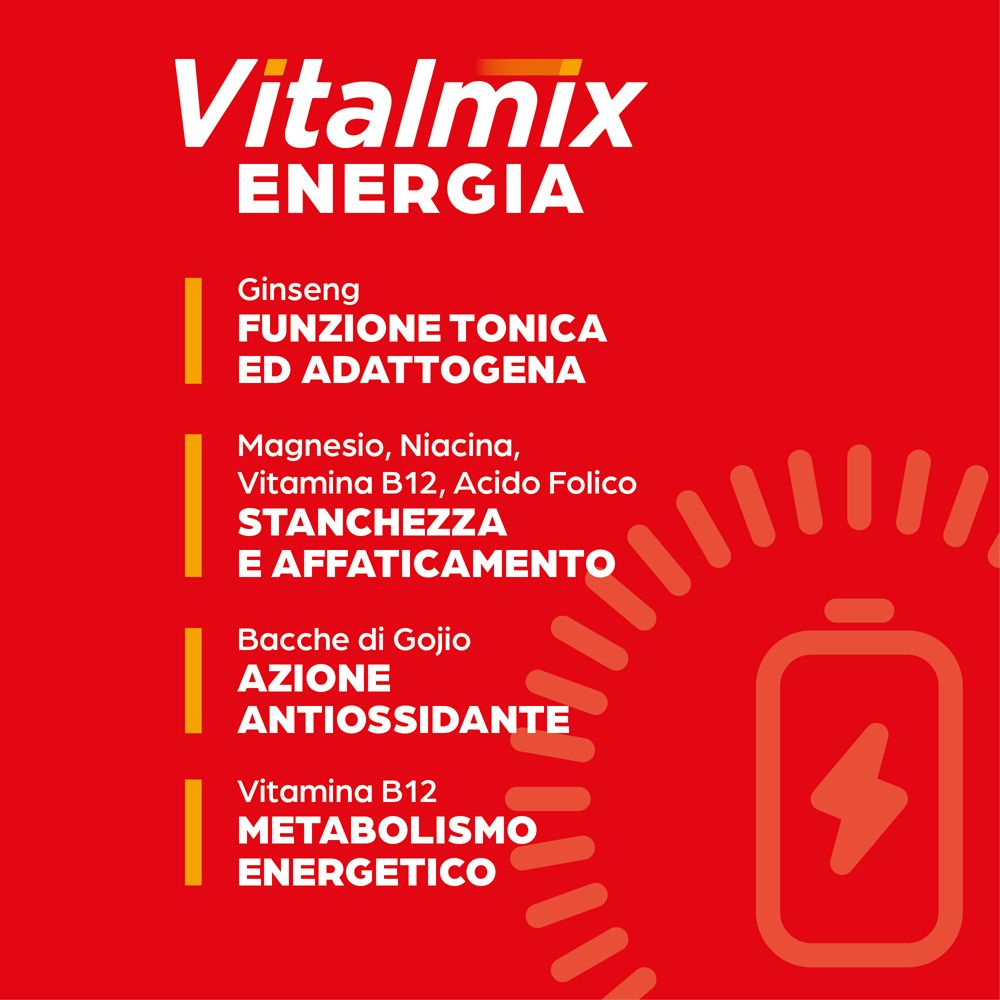 Scatola rossa. Scritto: Vitalmix Energia. Con informazioni su ginseng ed energia.