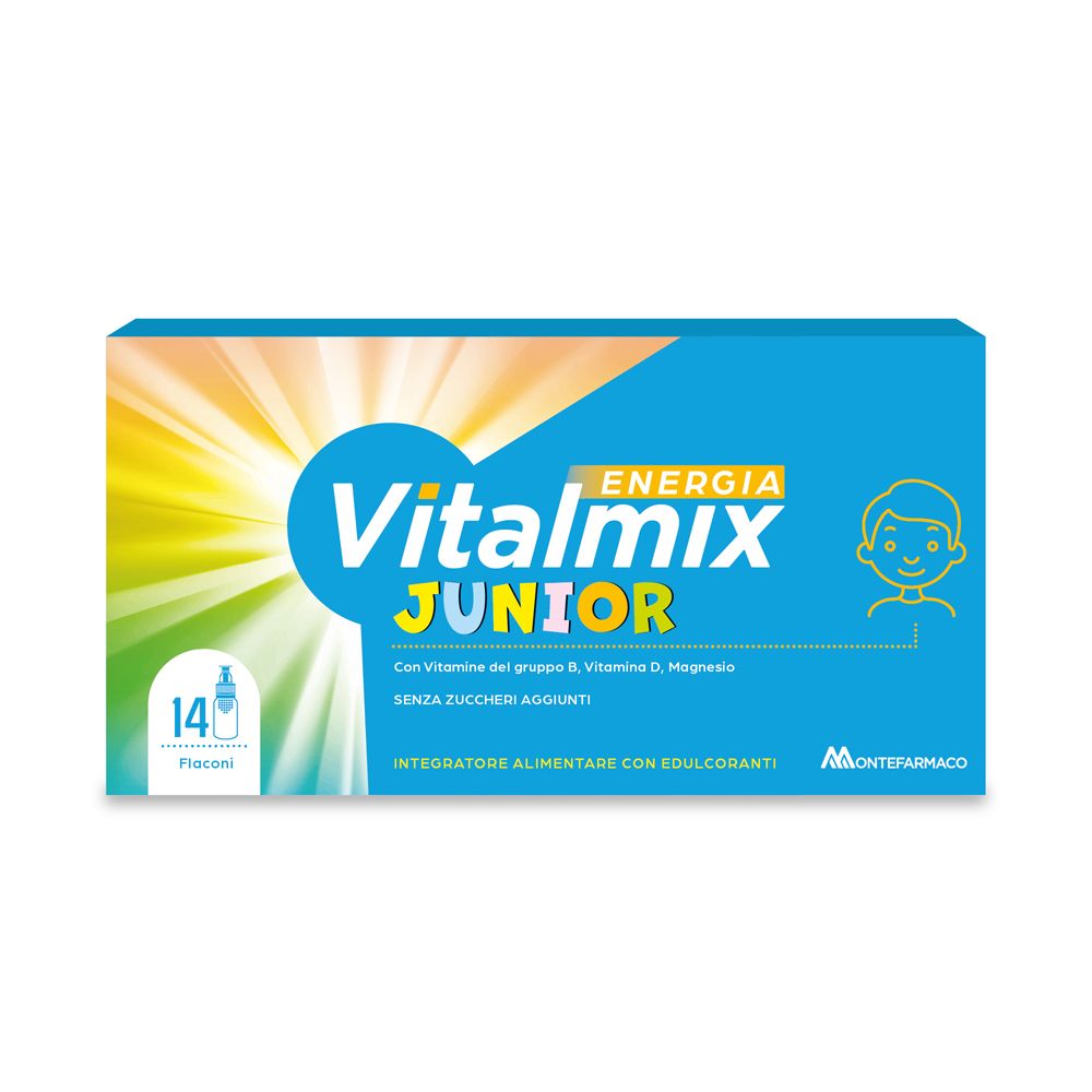 Scatola blu Vitalmix Junior. Nome e logo del prodotto. 14 flaconcini. Con vitamine, senza zuccheri aggiunti.