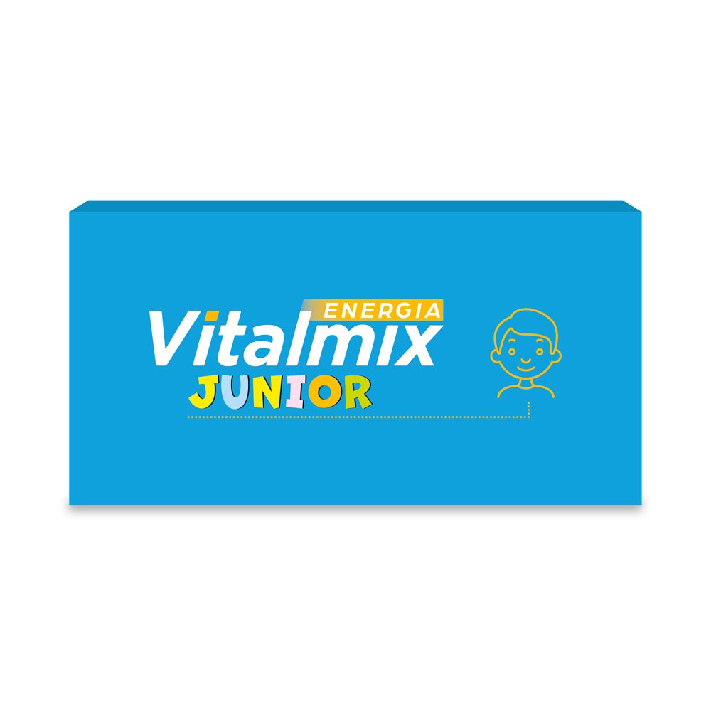 Scatola blu Vitalmix Junior. Nome e logo del prodotto. Illustrazione di un bambino.
