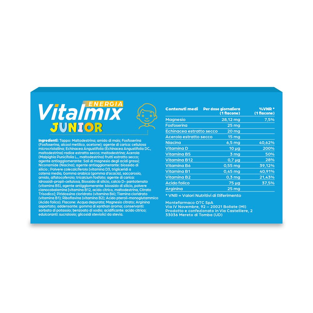Retro della scatola blu Vitalmix Junior. Ingredienti, informazioni nutrizionali e informazioni del produttore.