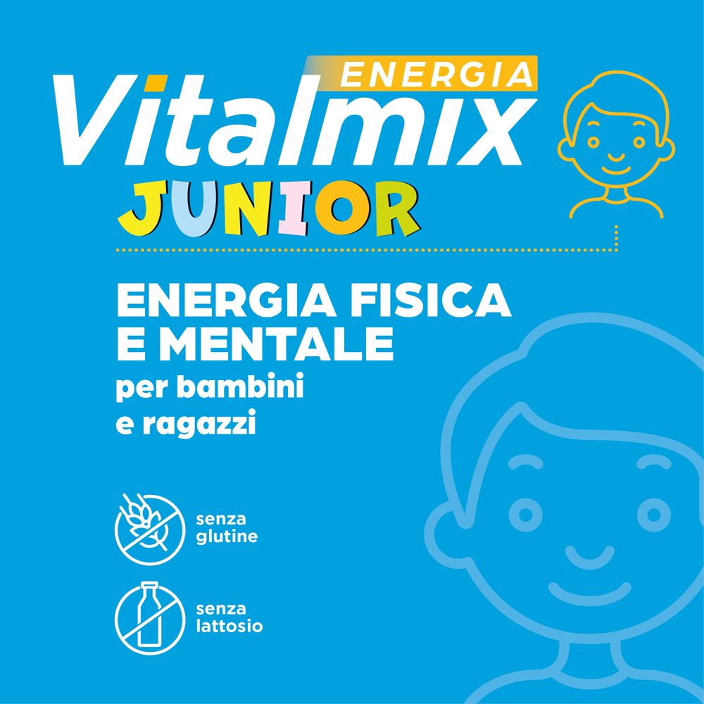Scatola blu Vitalmix Junior. Nome e logo del prodotto. Senza glutine e lattosio. Per energia e concentrazione.