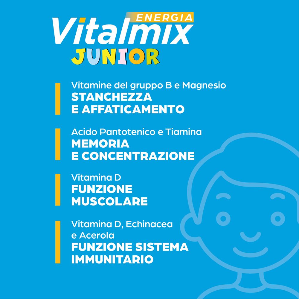 Scatola blu Vitalmix Junior. Nome e logo del prodotto. Benefici: energia, concentrazione, muscoli e sistema immunitario.