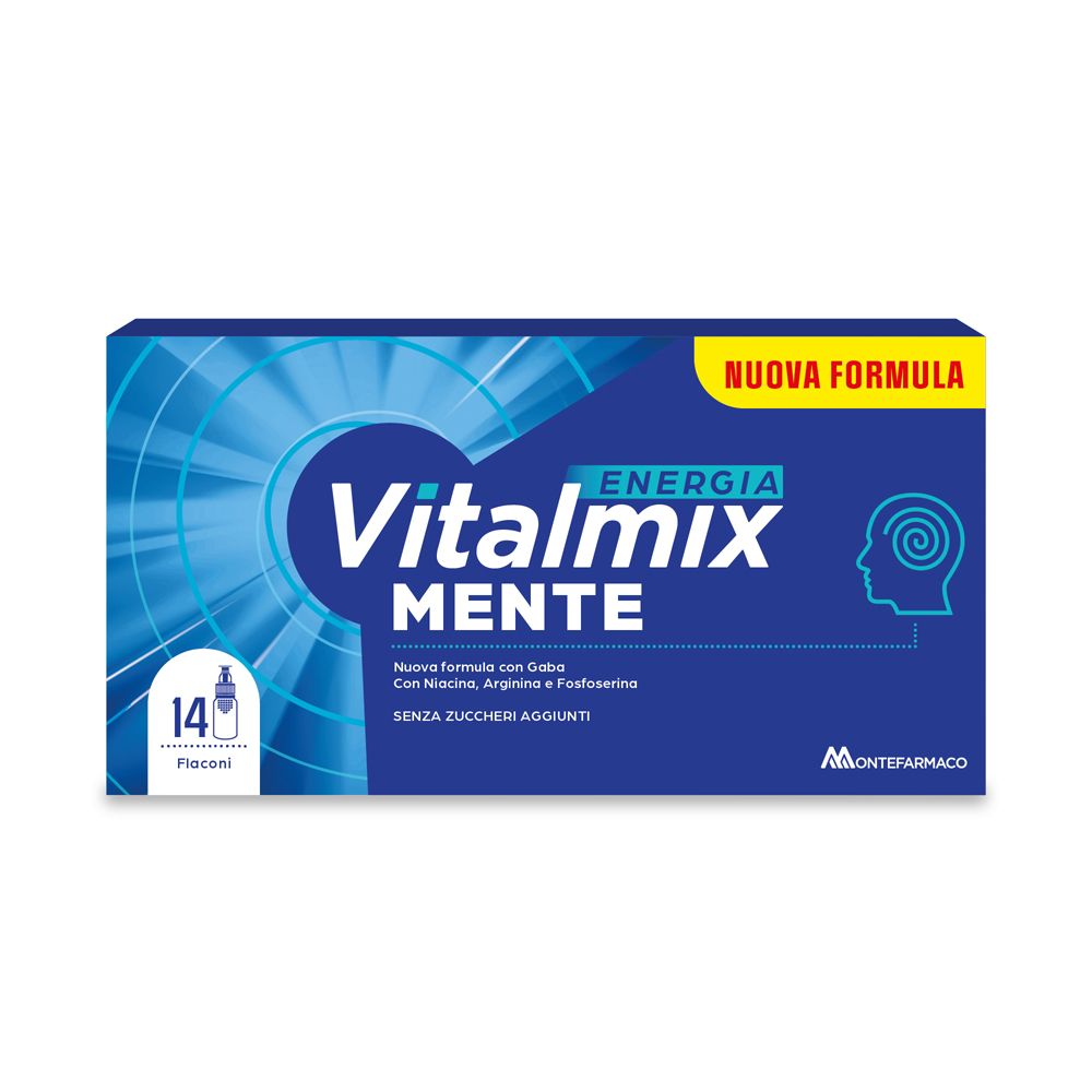 Scatola blu Vitalmix Mente. Testo: Energia Mente, 14 flaconcini. Adesivo giallo: Nuova Formula.