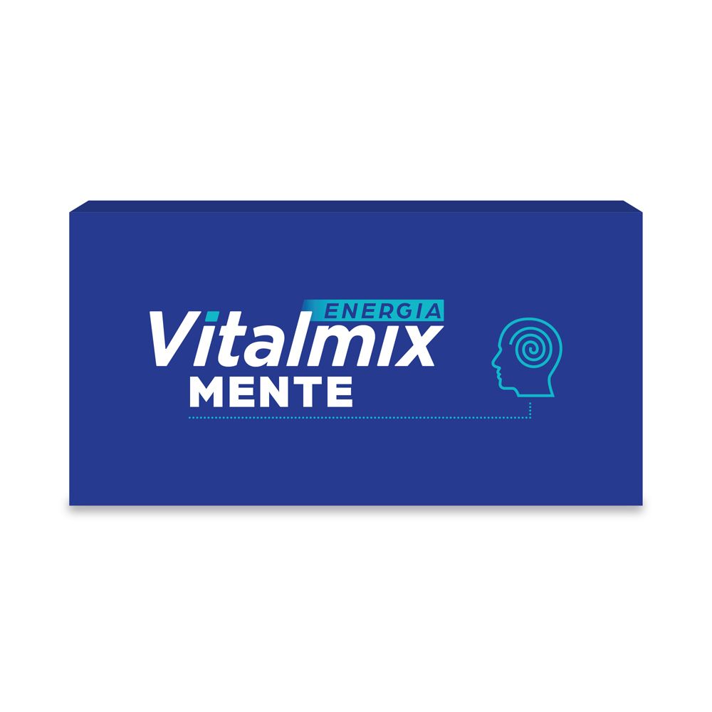 Scatola blu Vitalmix Mente. Testo: Energia Mente. Logo con profilo testa.