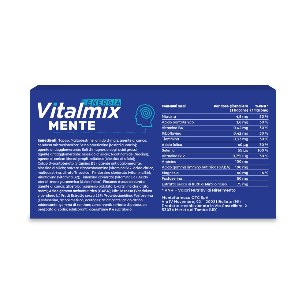 Retro scatola Vitalmix Mente. Ingredienti e informazioni nutrizionali. Testo in italiano.