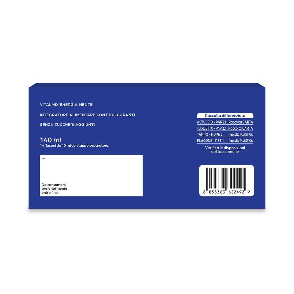 Retro scatola Vitalmix Mente. Testo: 140 ml, 14 flaconcini. Codice a barre.