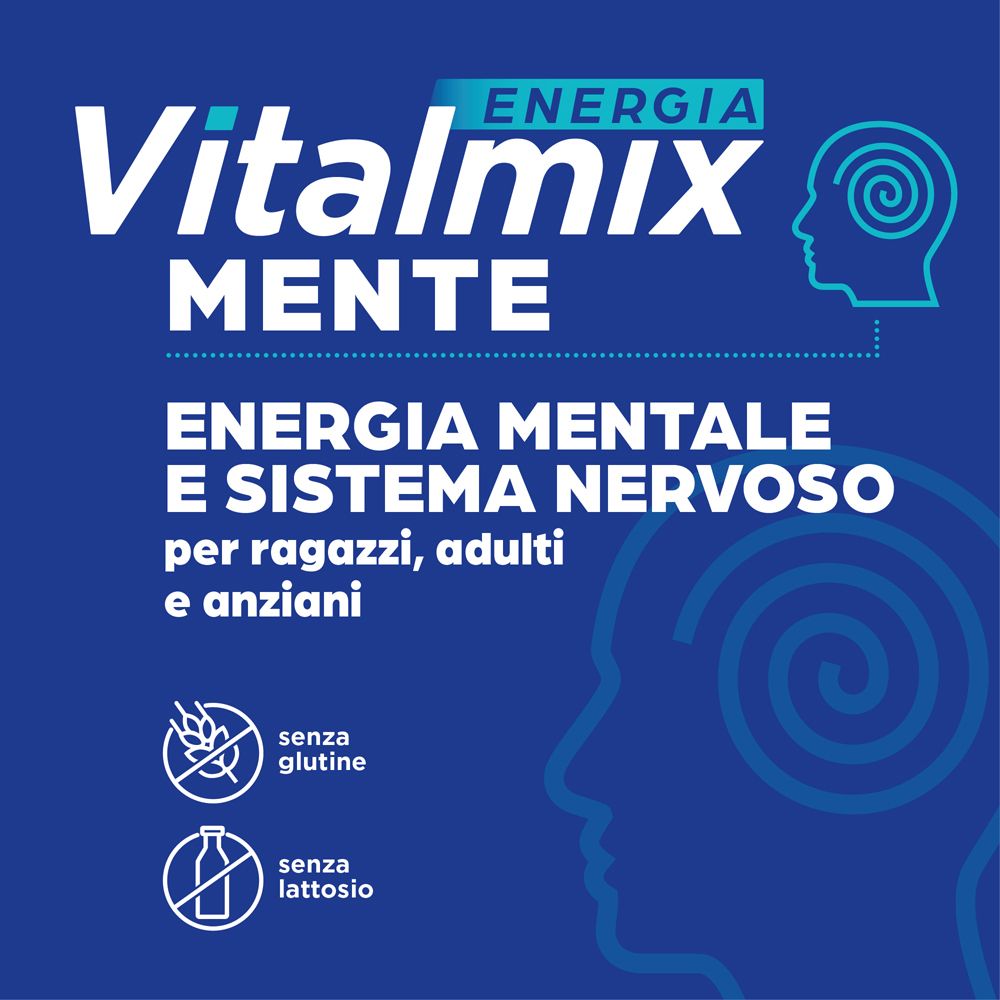 Sfondo blu con testo: Vitalmix Mente, Energia Mentale e Sistema Nervoso. Senza glutine e lattosio.