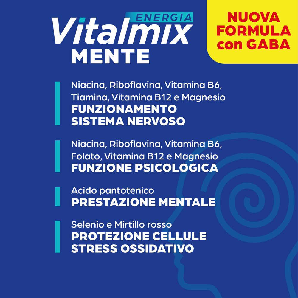Sfondo blu con testo: Vitalmix Mente, Energia Mentale e Sistema Nervoso. Ingredienti e funzioni.