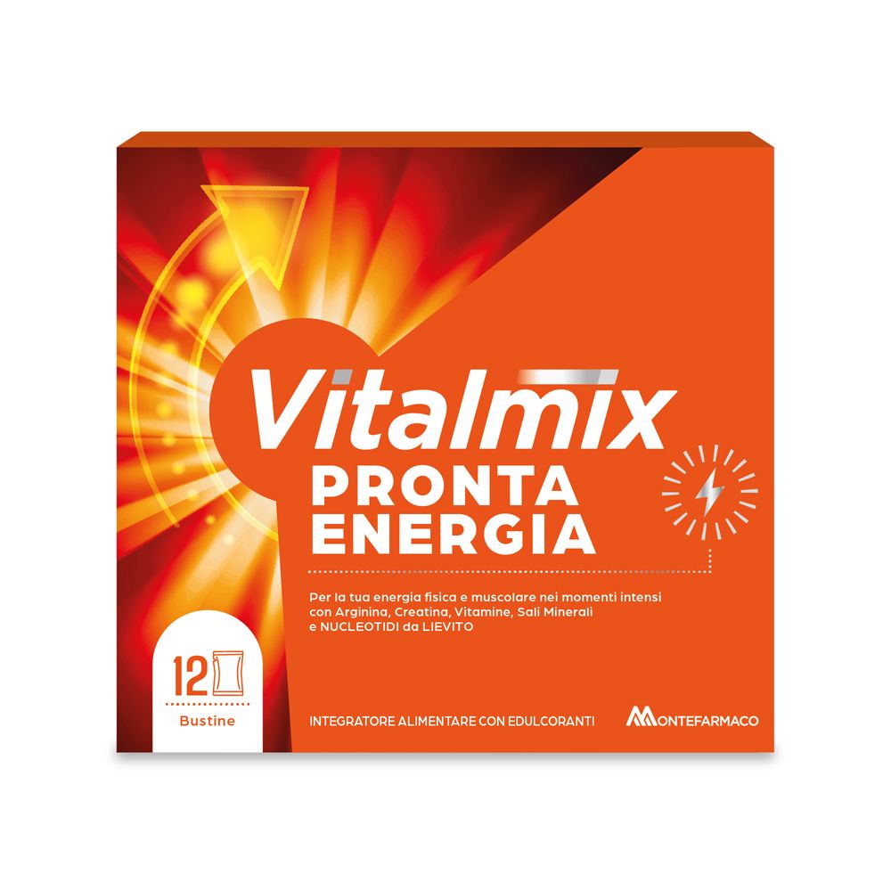 Scatola arancione con logo "Vitalmix Pronta Energia". Prodotto per l'energia. 12 bustine.