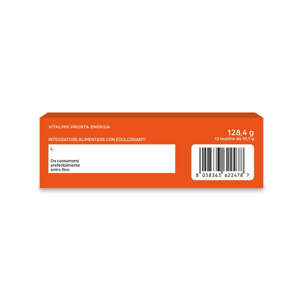 Scatola arancione con informazioni. Logo "Vitalmix Pronta Energia". Codice a barre.
