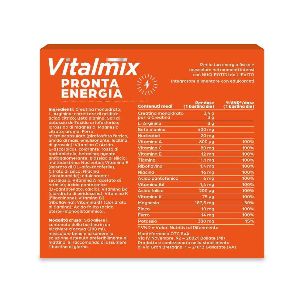 Confezione Vitalmix Pronta Energia. Contiene ingredienti, valori nutrizionali e informazioni produttore.