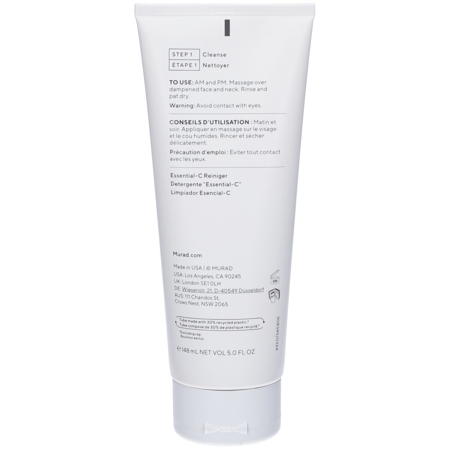 Retro del tubo. Testo in inglese e francese. Istruzioni per l'uso. Logo Murad.