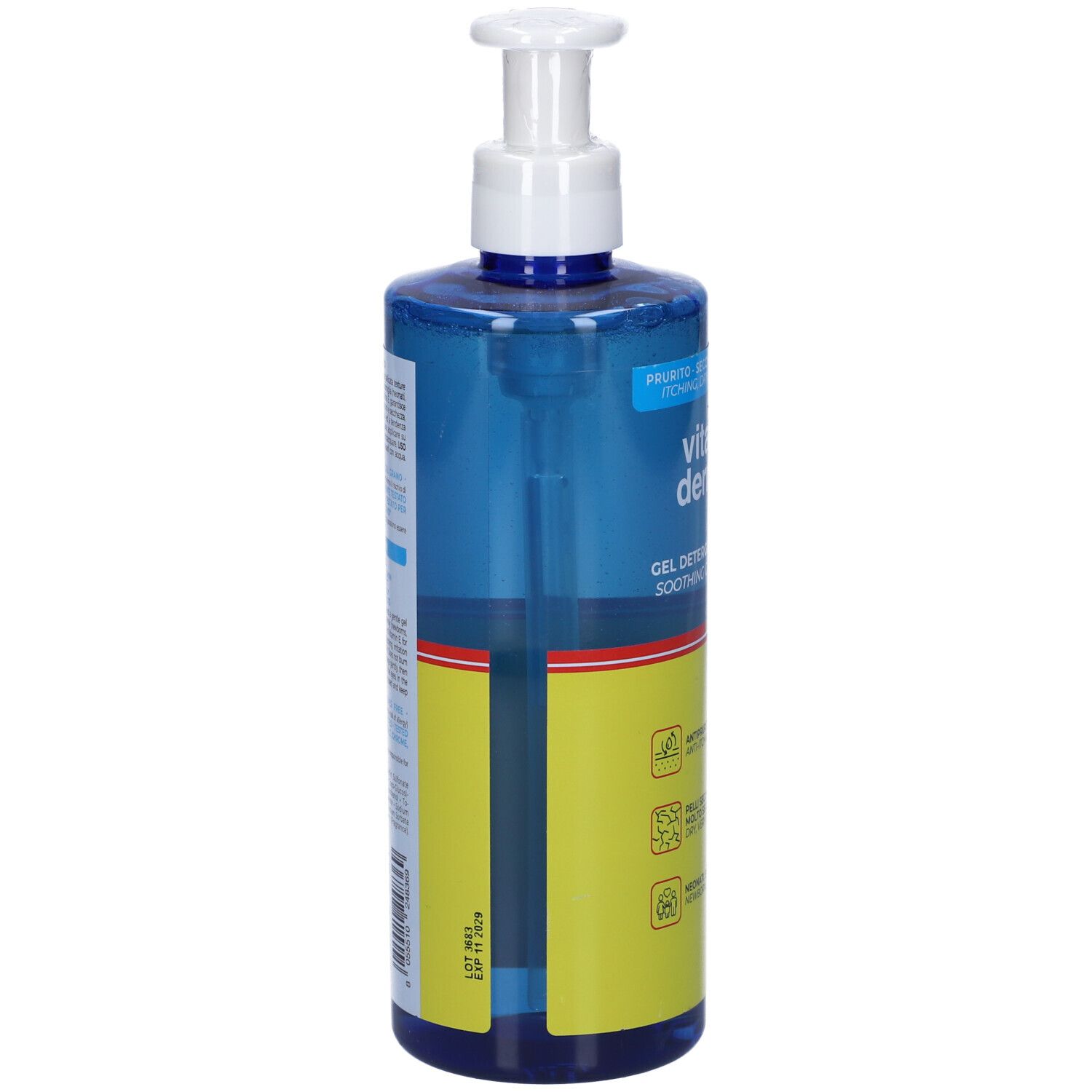 Flacone blu con dosatore. Scritta: Vitamin Dermina. Retro con informazioni sul prodotto. Gel Detergente Lenitivo.