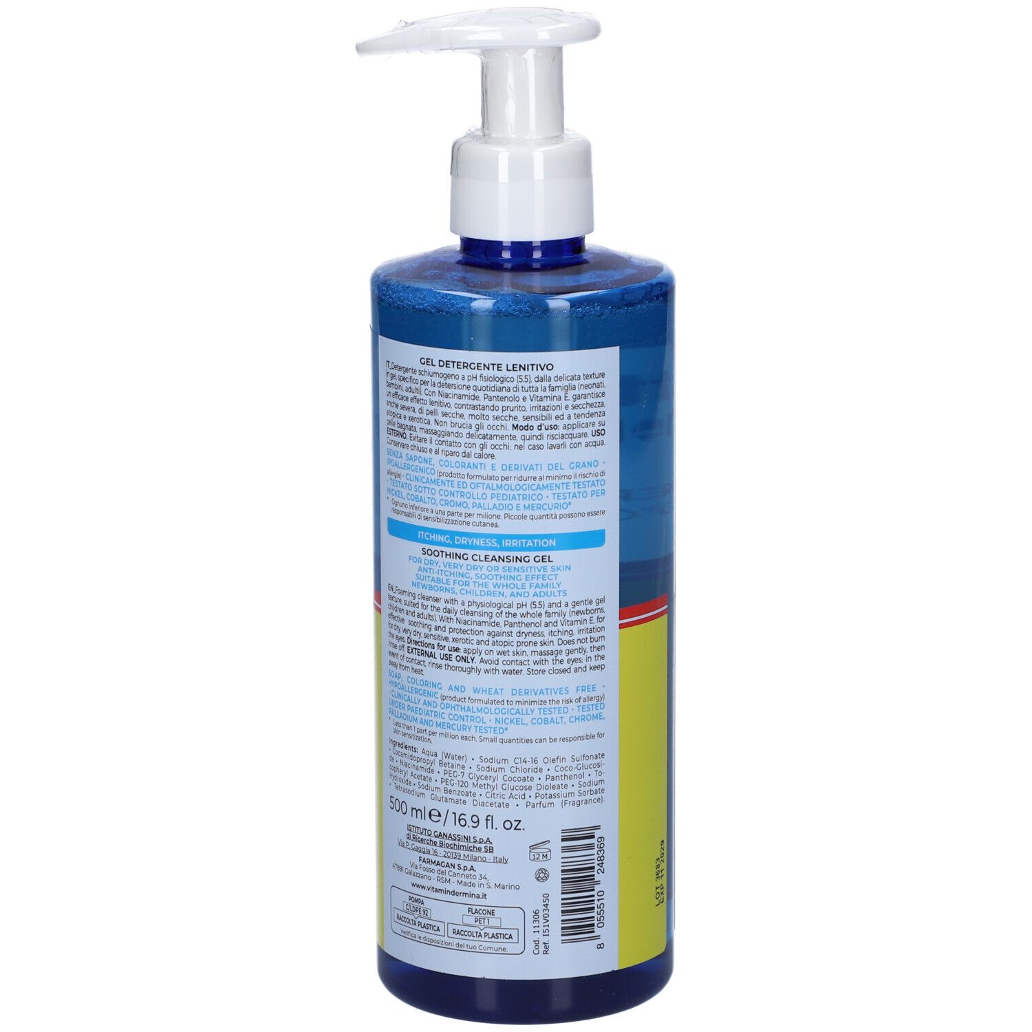 Vista posteriore di un flacone blu con dosatore. Informazioni e ingredienti del prodotto. Gel Detergente Lenitivo.
