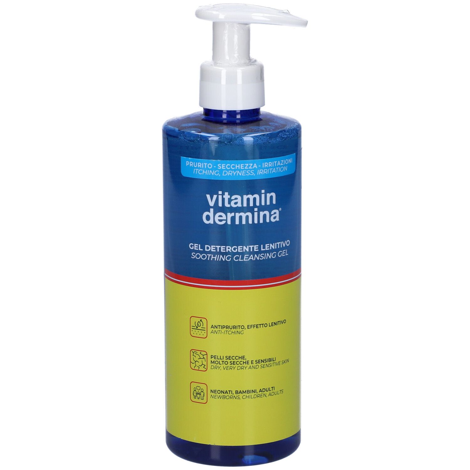 Flacone blu e giallo con dosatore. Scritta: Vitamin Dermina, Gel Detergente Lenitivo. Per pelli secche e sensibili.