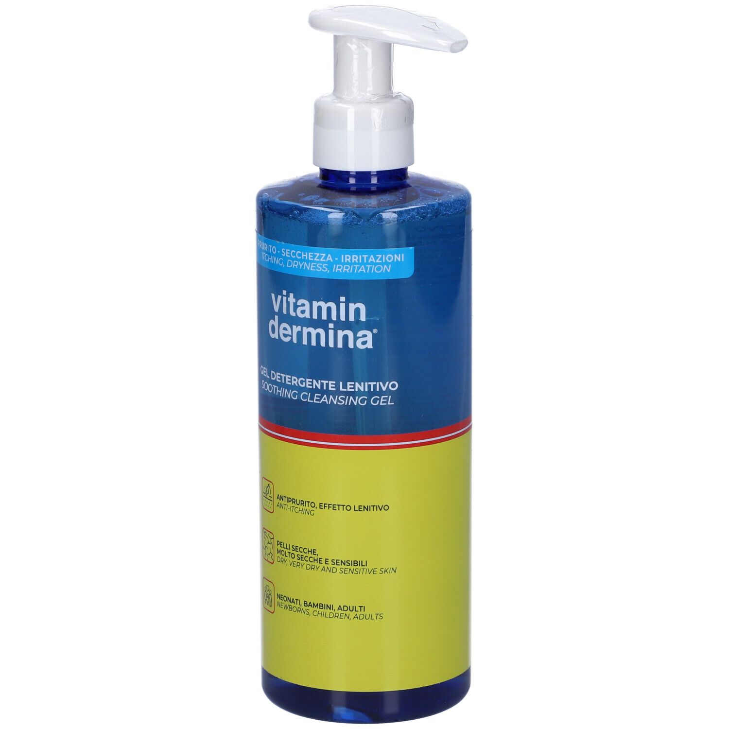 Flacone blu e giallo con dosatore. Scritta: Vitamin Dermina, Gel Detergente Lenitivo. Per pelli secche e sensibili.
