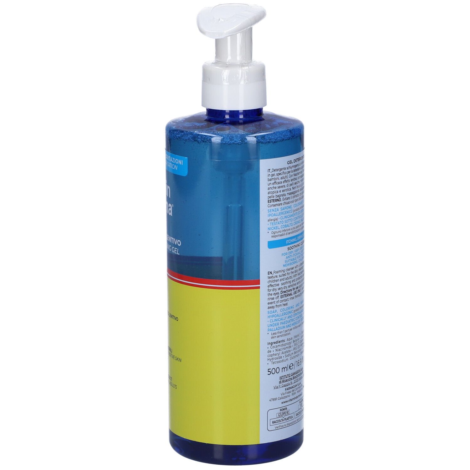 Vista posteriore di un flacone blu con dosatore. Informazioni e ingredienti del prodotto. Gel Detergente Lenitivo.