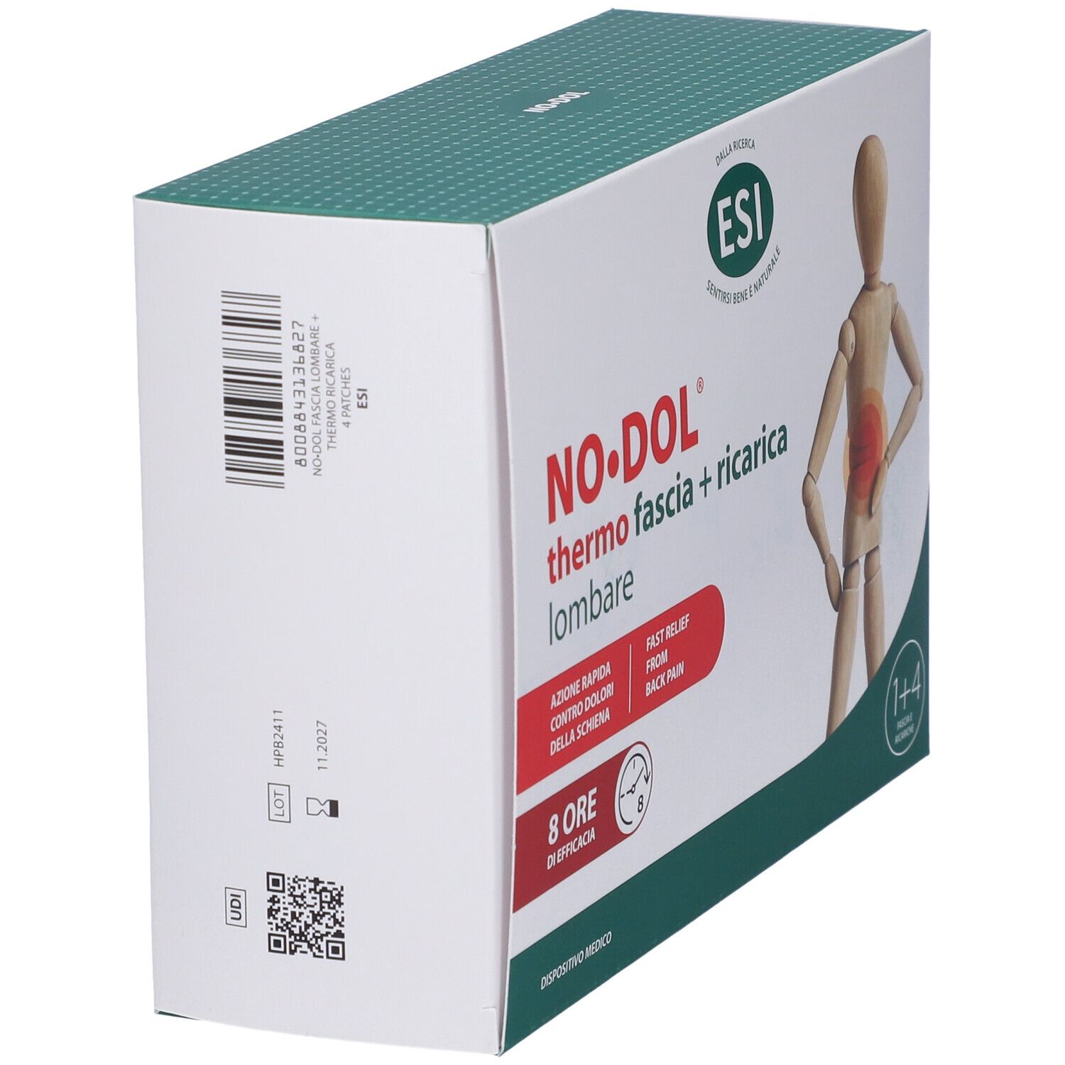 Confezione ESI No Dol Thermo Fascia + Ricarica Lombare. Vista laterale con codice a barre e nome prodotto.