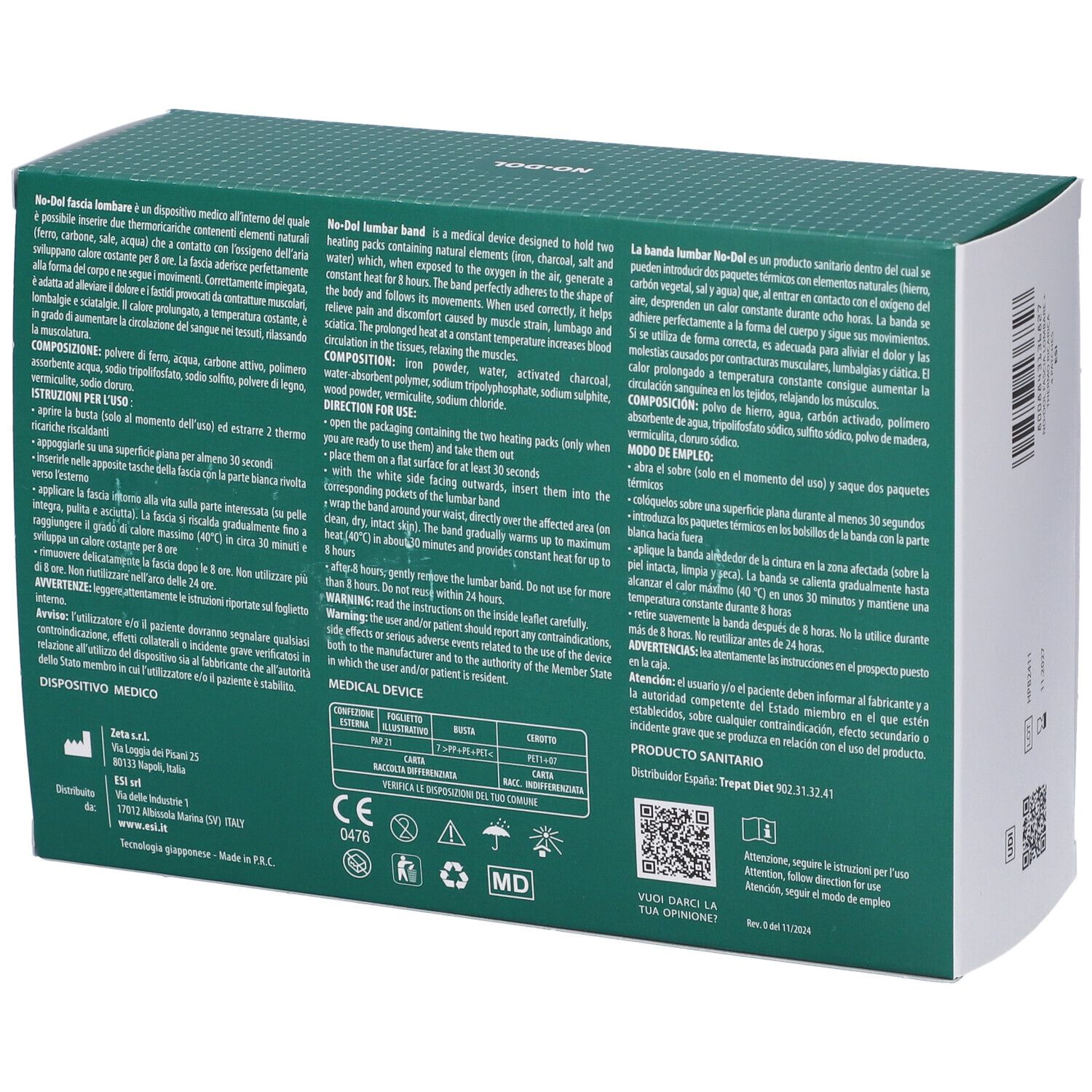Retro della confezione ESI No Dol Thermo Fascia + Ricarica Lombare. Testo multilingue.