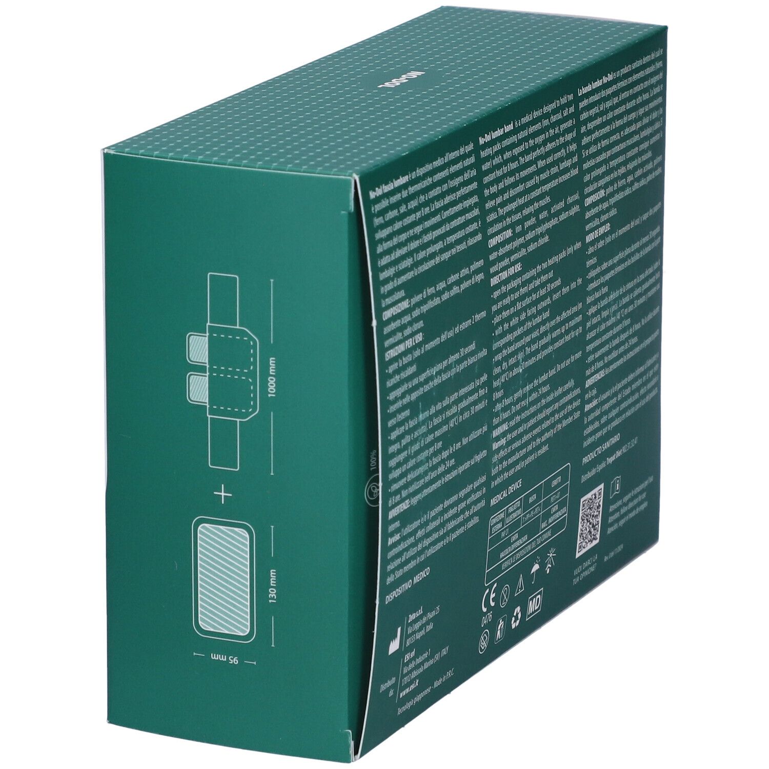 Confezione ESI No Dol Thermo Fascia + Ricarica Lombare. Dettaglio con disegno prodotto e misure.