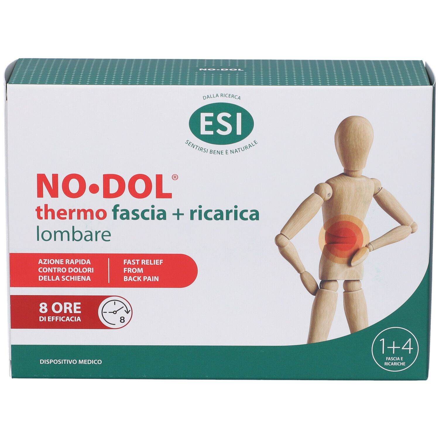 Confezione ESI No Dol Thermo Fascia + Ricarica Lombare. Immagine prodotto con omino in legno e zona rossa.
