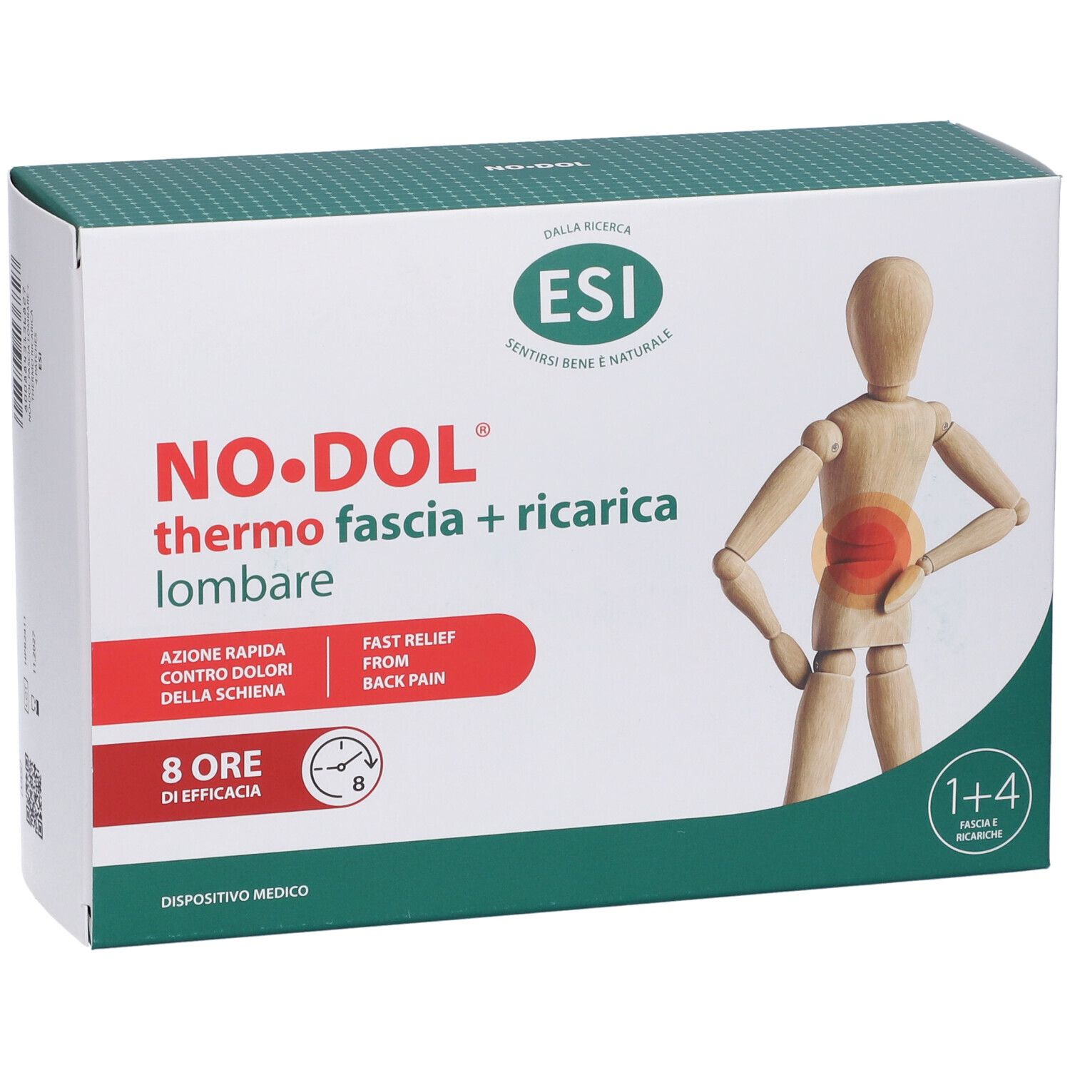 Confezione ESI No Dol Thermo Fascia + Ricarica Lombare. Immagine prodotto con omino in legno e zona rossa.